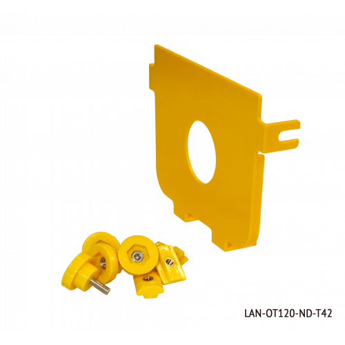 Торцевая заглушка оптического лотка 120 мм и кабельного спуска LAN-OT120-OB, с отверстием под трубу, желтая
