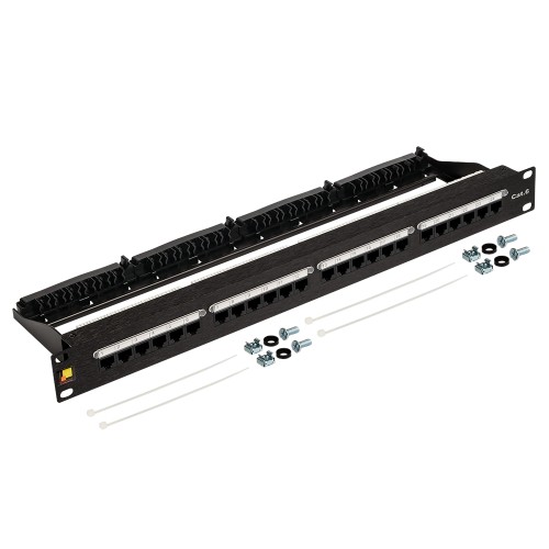 Патч-панель 19", 24 порта RJ45, неэкранированная, кат.6, 1U, с задним органайзером с фиксаторами кабеля