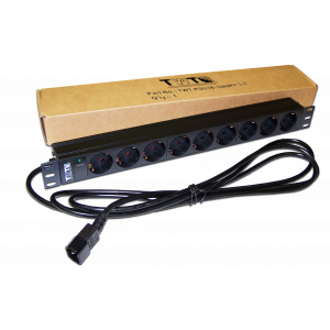 Блок розеток 19", 1-фазный без выключателя, 10A / 250V, 9xSchuko, шнур 3.0 м, разъем C14