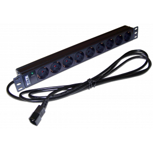 Блок розеток 19", 1-фазный без выключателя, 10A / 250V, 9xSchuko, шнур 3.0 м, разъем C14
