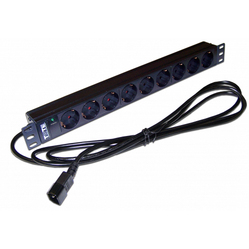 Блок розеток 19", 1-фазный без выключателя, 10A / 250V, 9xSchuko, шнур 3.0 м, разъем C14