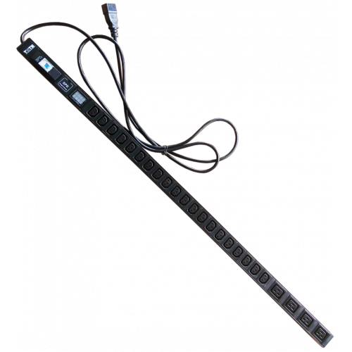 Блок розеток вертикальный, 1-фазный с автоматом, A/V-метр, 16A / 250V, 4xC19 + 20xC13, шнур 3.0 м, разъем C20